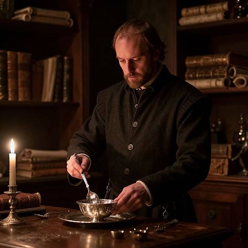 Photograph of a bearded man in a black button-up shirt pouring tea from a silver teapot, illuminated by a candle, in a dimly