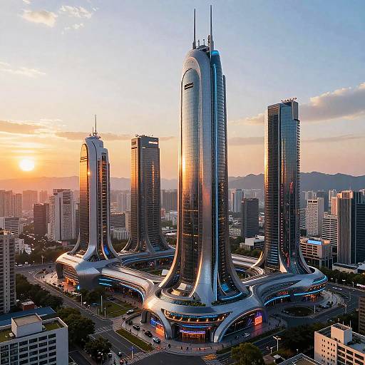 Photograph of futuristic cityscape at sunset, featuring three sleek, silver skyscrapers with curved designs, surrounded by tall buildings and a busy street below