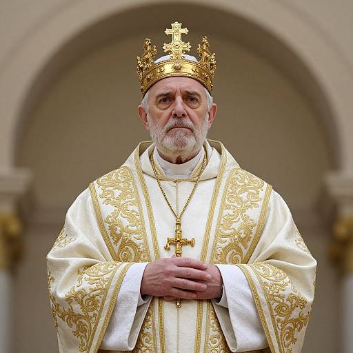 Photograph of elderly Catholic Pope with white beard, wearing ornate gold and white papal robes, gold crown, and cross necklace, standing in ar
