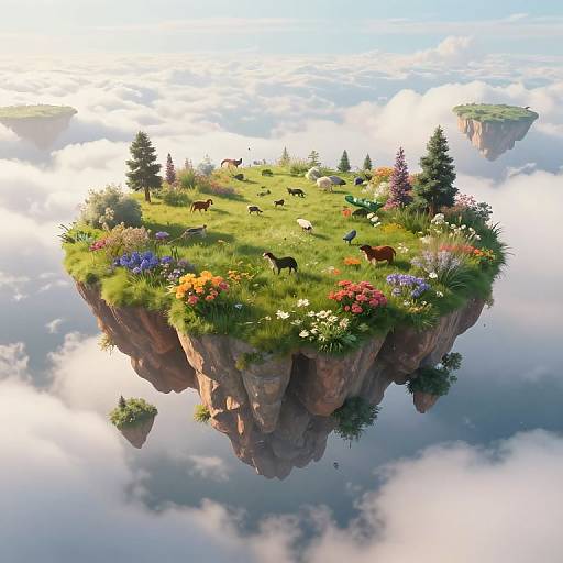 A floating, lush island with grazing horses, colorful flowers, and pine trees, reflected in a serene, cloudy sky. Digital art.