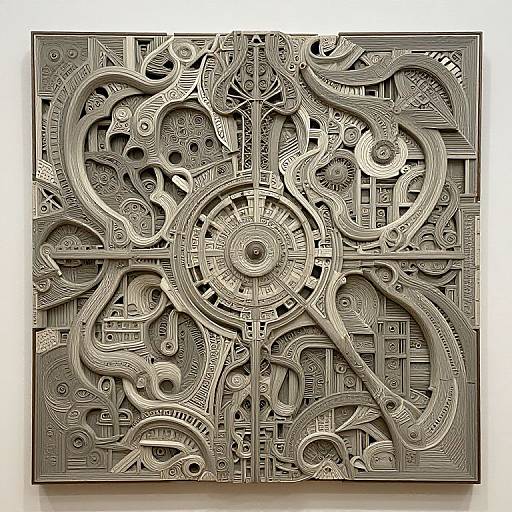 Intricate, metallic, digital relief sculpture featuring swirling, mechanical patterns with gears, spirals, and circular motifs, in shades of silver and gray