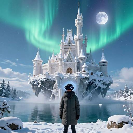 Photorealistic digital artwork: Snowy landscape with aurora borealis, full moon, and a majestic, snow-covered castle. A lone figure in