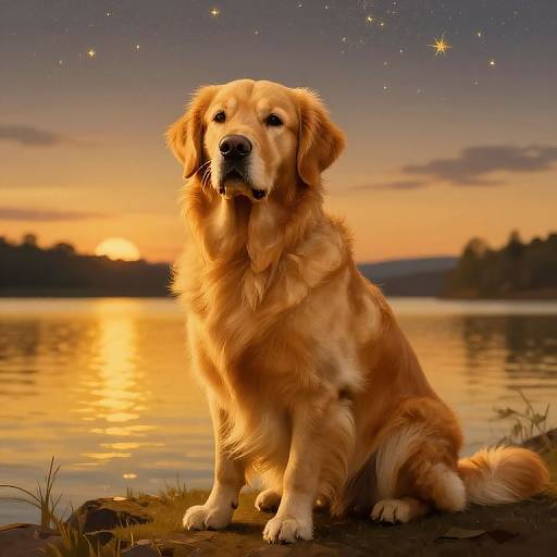 Photograph of a golden retriever sitting by a tranquil lake at sunset, with a starry sky and warm, golden hues reflecting off the water.
