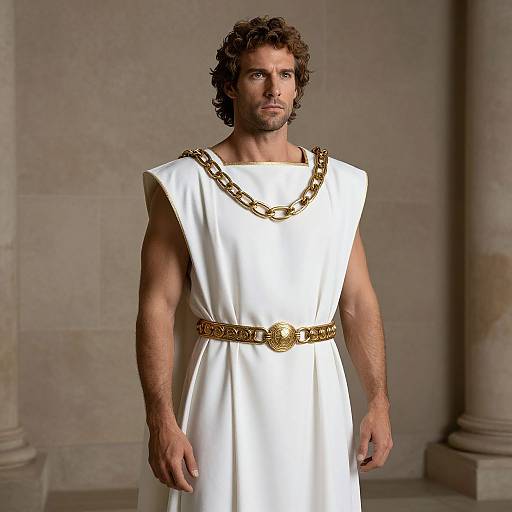 Photograph of a muscular, curly-haired man in a white, ancient Greek-style tunic with gold chain and belt, standing in a stone-columned