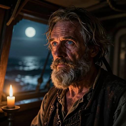 Photograph of a rugged, middle-aged man with a gray beard and wavy hair, illuminated by a candle, staring at a moonlit night through