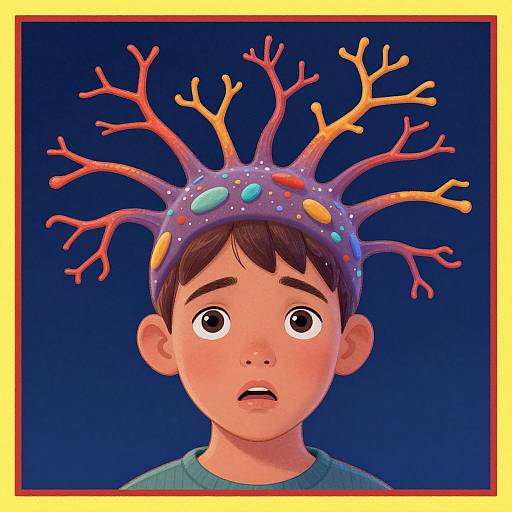 Digital illustration of a young boy with wide eyes, wearing a purple headpiece with colorful polka dots and vibrant orange antler-like branches, against a