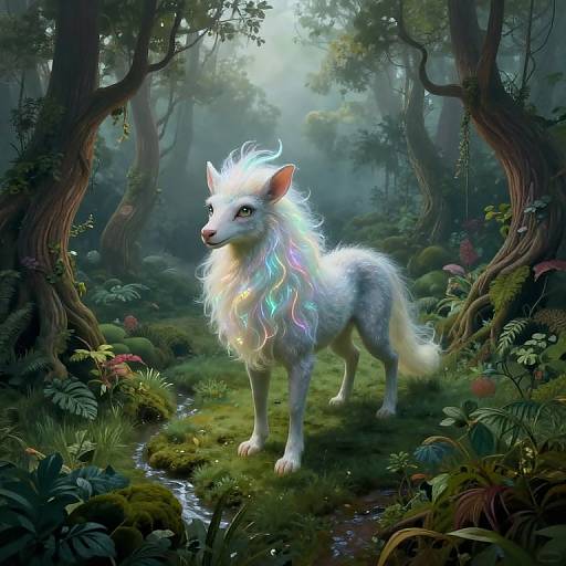 Digital fantasy artwork of a radiant, ethereal white wolf with glowing, multicolored mane in a lush, misty forest. Detailed foliage and mystical