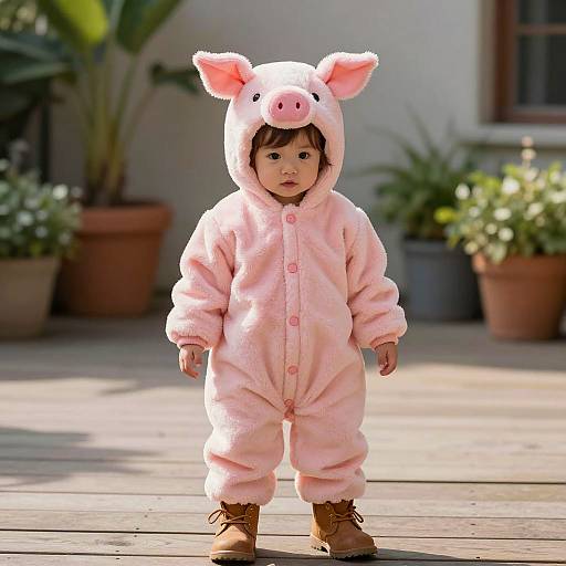 Toddler in Pink Pig Costume Outdoors