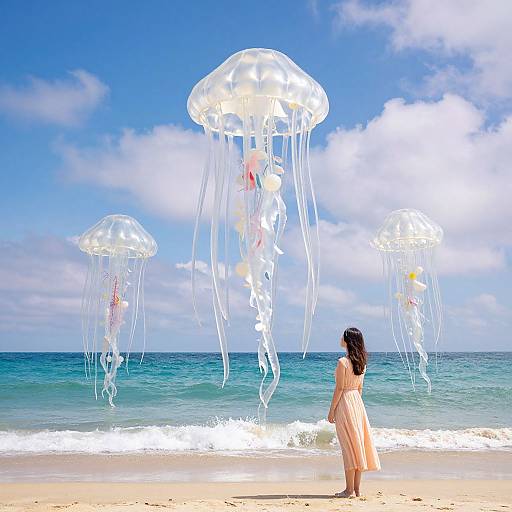 Photograph: Asian woman in peach dress stands on beach, gazing at three transparent jellyfish floating in clear blue ocean under bright, partly cloudy sky