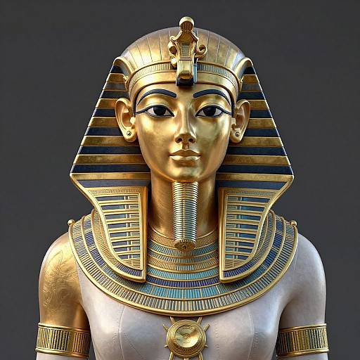 Digital CGI of a golden, Egyptian-style bust with black-and-blue striped headdress, detailed gold necklace, and serene expression, against dark background.