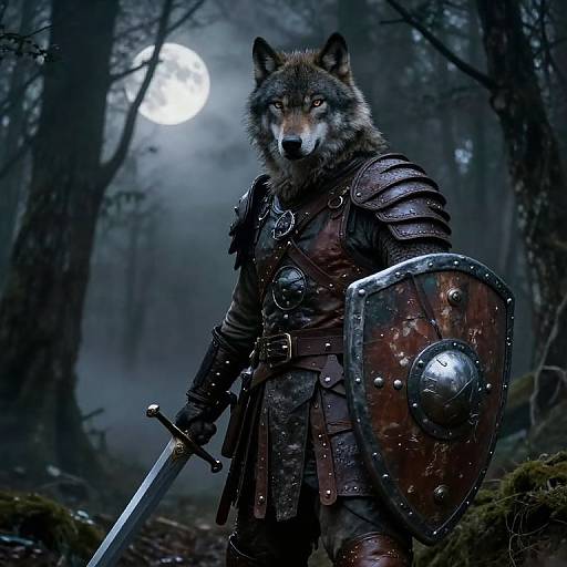 Digital artwork of a fierce, armored wolf warrior with glowing eyes, holding a sword and shield under a full moon in a dark, misty forest.