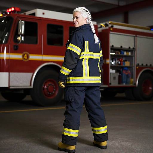 Photograph of a smiling white female firefighter with white braided hair, black uniform, yellow stripes, and tan boots, standing in a dimly lit