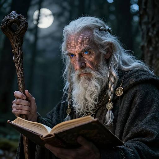 Photograph of an elderly wizard with long white hair, blue eyes, and a long beard, reading a book by moonlight in a dark forest,