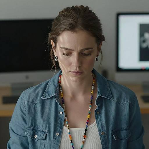 Focused Woman Wearing Denim Shirt and Colorful Bead Necklaces