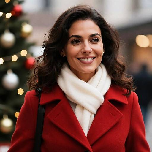 Cheerful Woman in Festive Red Coat