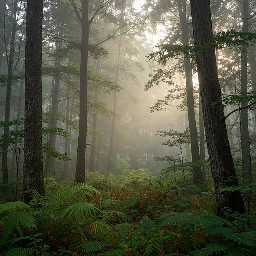 Photograph of a misty forest with tall, dark trees and bright sunlight filtering through, illuminating green ferns and foliage on the forest floor.
