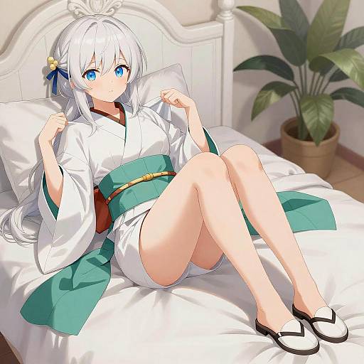 White-Haired Girl in Kimono on Bed