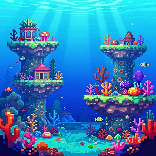 Pixel art of vibrant underwater scene with two floating islands, colorful coral reefs, small fish, and sunlight filtering through the blue water.