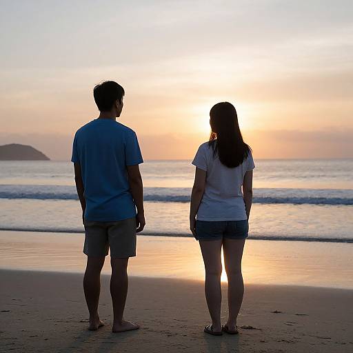 Photograph of a silhouetted couple standing on a beach at sunset, facing the ocean, with gentle waves and a hilly landscape in the
