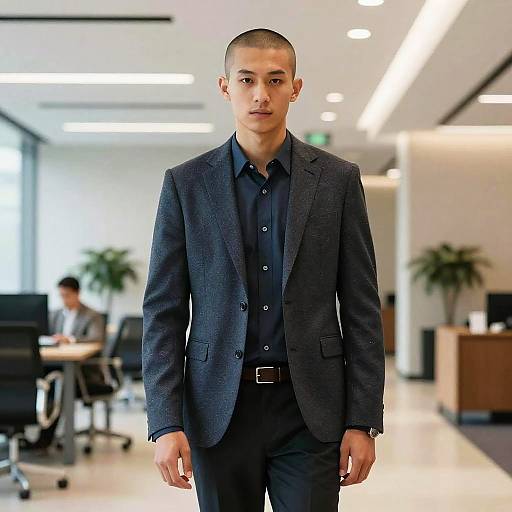 Photograph of a young man with short hair, wearing a dark blue suit and black shirt, walking in a modern, brightly lit office with blurred background