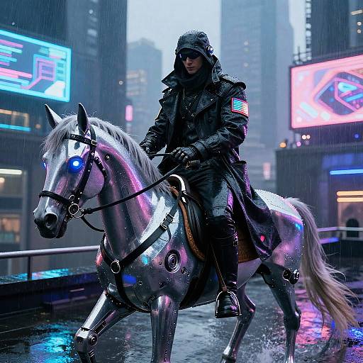 Cyberpunk scene: hooded figure in black coat riding a silver, neon-lit horse in rainy city, surrounded by glowing neon signs.