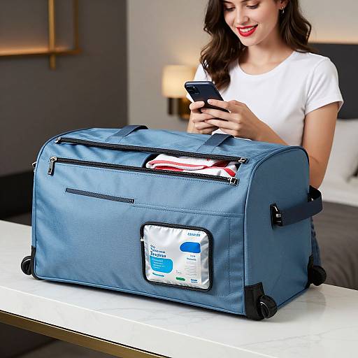 Photograph of a smiling woman with red lipstick, wearing a white shirt, using a smartphone, standing beside a blue travel bag with a zippered pocket