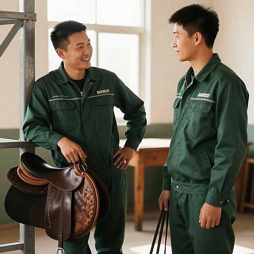 Cheerful Men in Work Uniforms Indoors