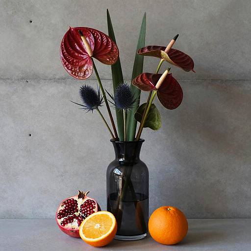 Modern Still Life with Anthuriums and Fruit