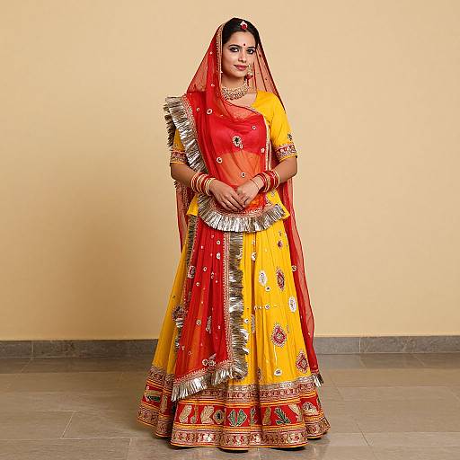 Photograph of a South Asian woman in a vibrant yellow and red traditional lehenga with silver embellishments, gold jewelry, and a matching veil, standing