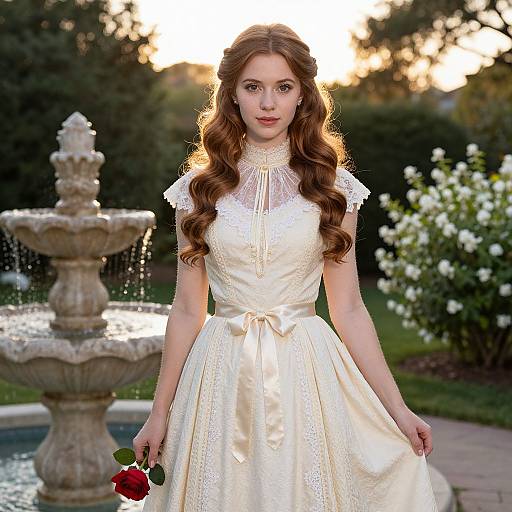 Photograph of a young woman with long, wavy auburn hair, wearing a white, lace-trimmed, satin wedding dress, holding