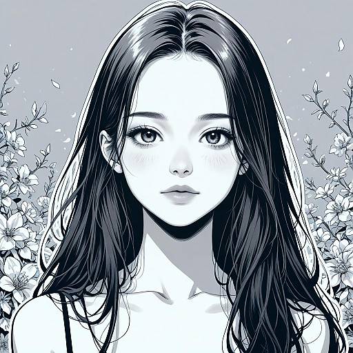 Monochrome Outline Girl Illustration