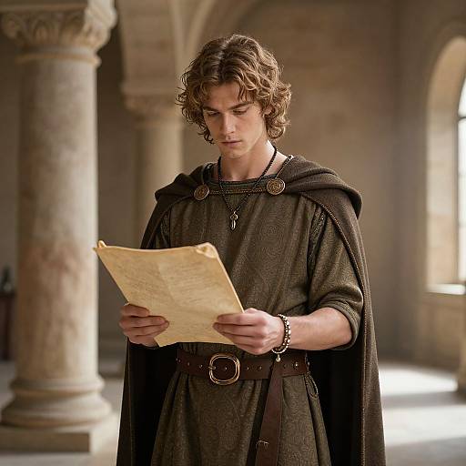Young man with curly brown hair, wearing medieval brown tunic and cloak, reads yellowed parchment in sunlit stone archway.