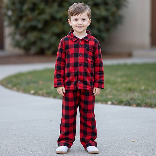 Photograph of a young boy with light brown hair, blue eyes, wearing red and black plaid pajamas, white socks, standing on a suburban
