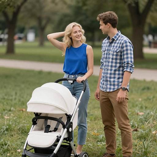 Young Couple with Baby Stroller in Park