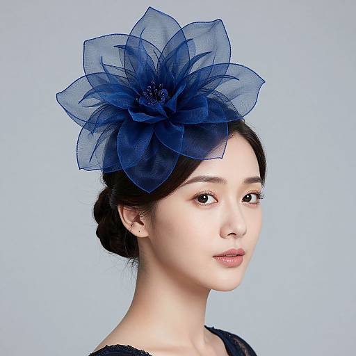 Photograph of an East Asian woman with fair skin, wearing a blue translucent flower headpiece, black lace top, light blue background.