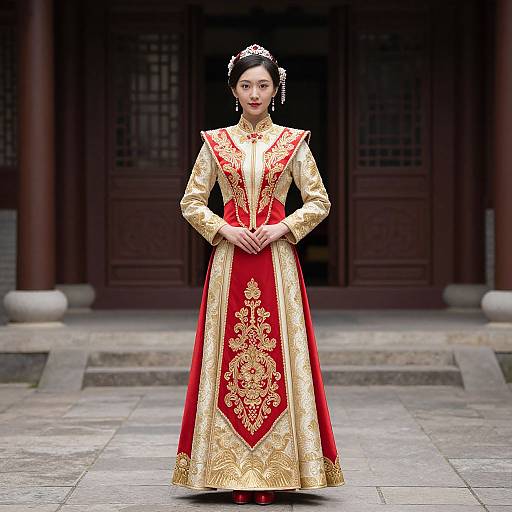 Photograph of an East Asian woman in a red and gold, intricately embroidered traditional Chinese dress, standing on stone steps in front of a dark wooden