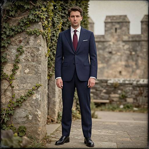 Photograph of a handsome man in a dark navy suit, white shirt, and red tie, standing confidently against a stone wall with ivy, with