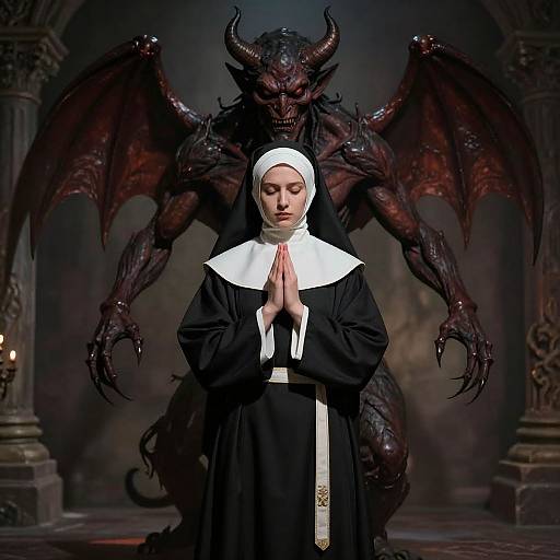 Photograph-style digital art: serene nun with hands in prayer stands before large, menacing red demon with wings in gothic cathedral.