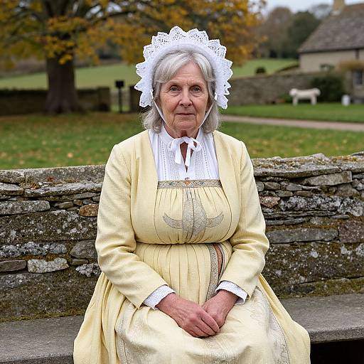 Photograph of an elderly white woman with gray hair, wearing a yellow dress and white lace headpiece, sitting on a stone bench in a rural,