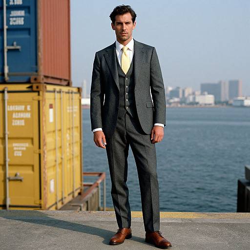 Photograph of a handsome man with dark hair, wearing a dark gray suit, white shirt, yellow tie, and brown shoes, standing on a dock