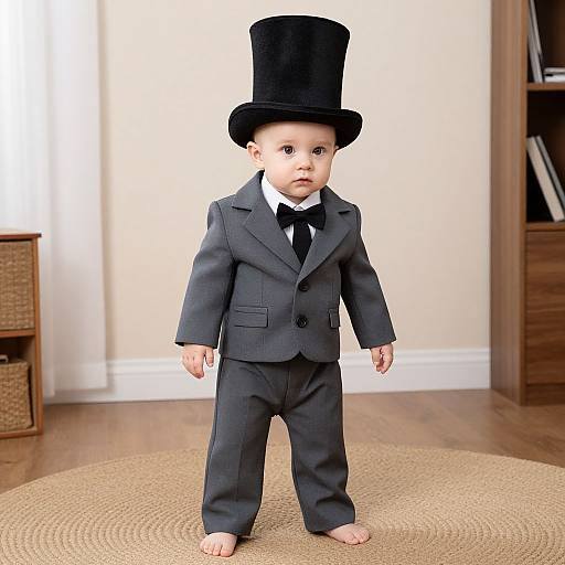 Photograph of a baby with fair skin, wearing a gray suit, black bow tie, and tall black top hat, standing barefoot on a round