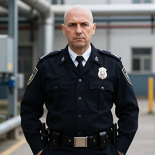 Serious Bald Police Officer in Industrial Setting