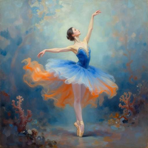 Digital painting of a graceful ballet dancer in a blue tutu with orange accents, en pointe, arms gracefully arched, against a swirling blue and