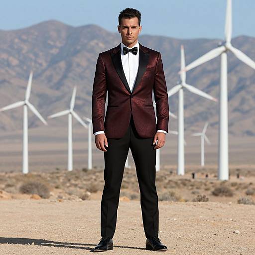 Photograph of a man in a dark red tuxedo and black bow tie standing in a desert with wind turbines and mountains in the background. Clear