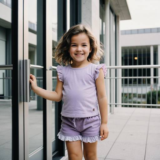 Smiling Toddler Girl in Lilac Outfit by Building Entrance