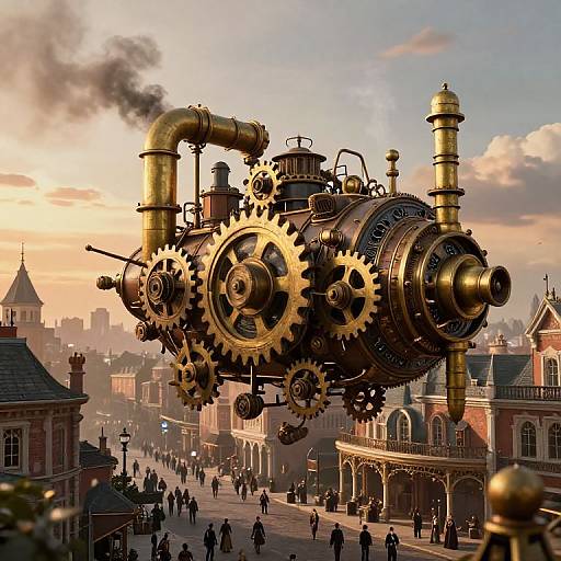 Steampunk airship with brass gears and pipes flies over a Victorian city street at sunset, with people below in silhouette. Digital art.