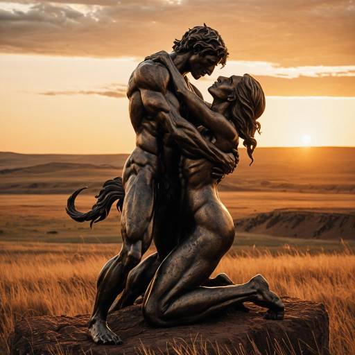 Bronze Centaur Embracing Man at Sunset
