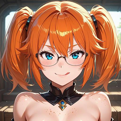 Digital anime-style portrait of a cute, fair-skinned girl with bright orange twin pigtails, blue eyes, glasses, and a black choker