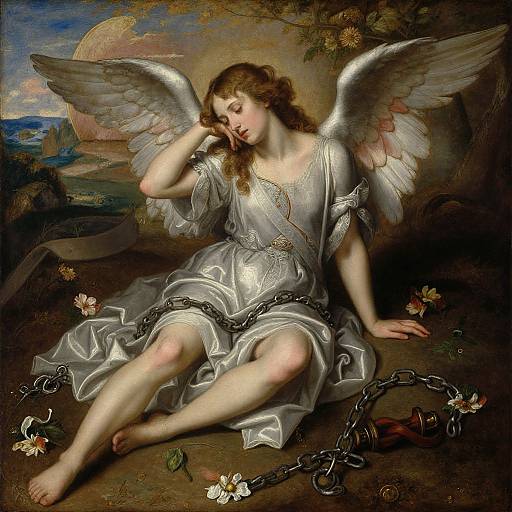 Baroque-style painting of a sorrowful angelic woman with silver wings, sitting on a dark ground, wearing a flowing silver dress, with broken chains