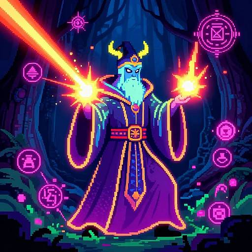 Pixel art of a blue-bearded wizard with glowing horns, purple robe, and fiery hands, casting spells in a dark forest. Neon magic symbols surround